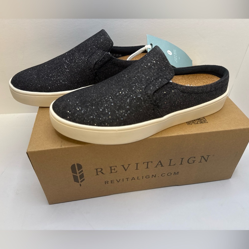 Revitalign Waco Shoe Co Orthotic Shimmer Black Denim Mules Sparrow Slide 6B